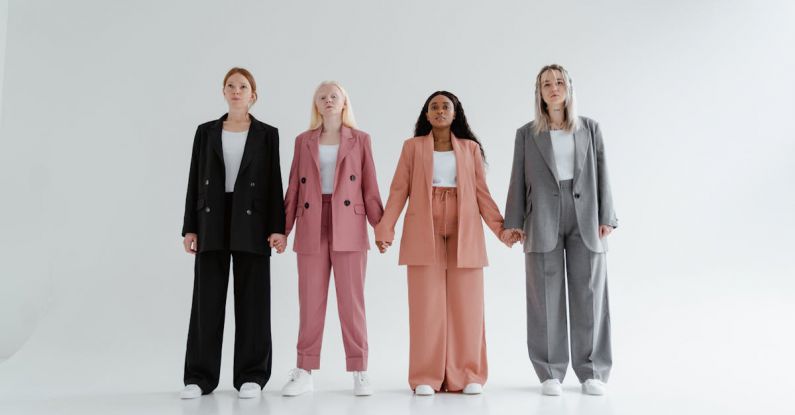 Outfits - Women in Blazer and Pants Standing while Holding Hands